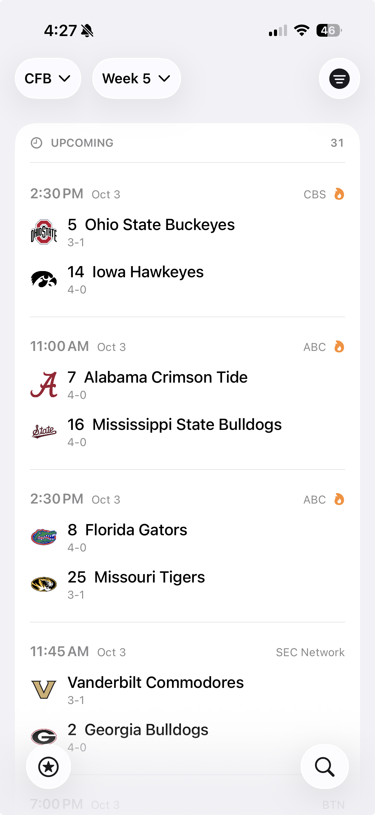 Just Sports iPhone app showing a clean college football schedule with team rankings, kickoff times, and TV channels.